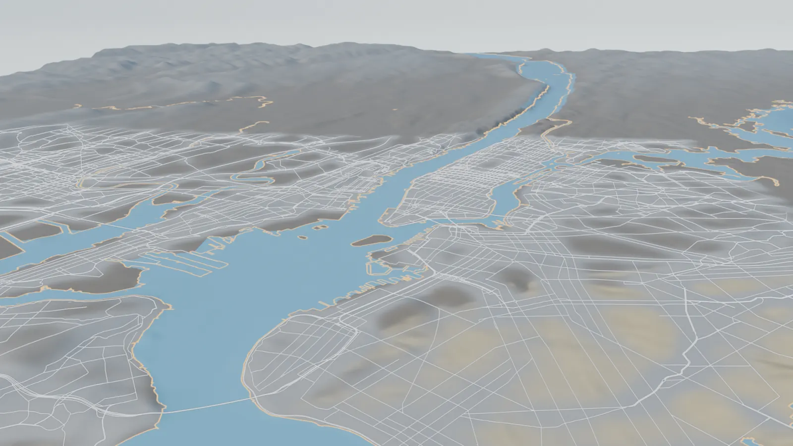 Animated map of the same harbor today, with today's streets drawn over Manhattan, Brooklyn and New Jersey.