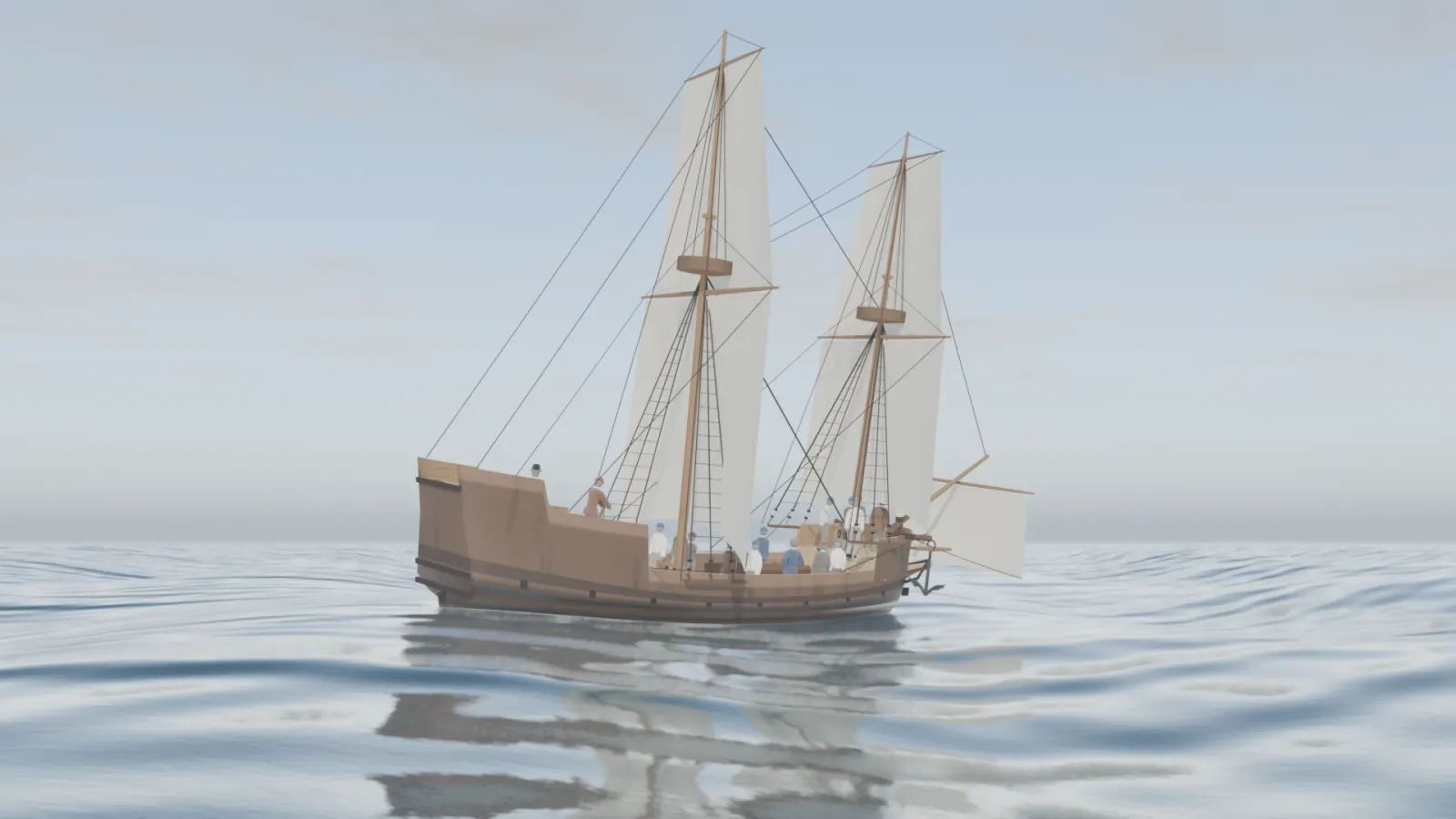 Animated view of the Halve Maen, a small wooden ship, under sail on a calm sea.