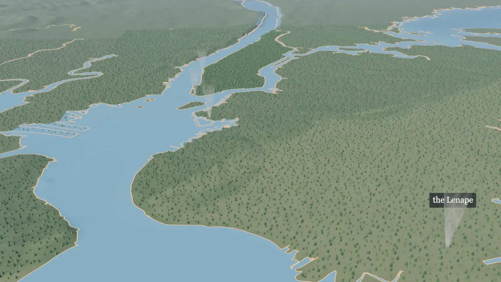 Animated map of the harbor in September 1609: forested shores with no city, and smoke rising where the Lenape lived.